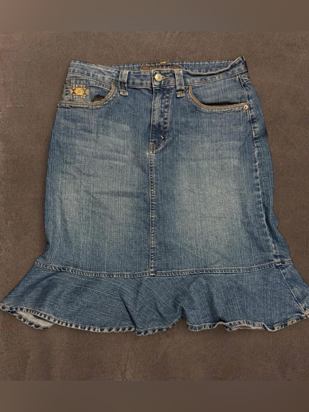 Vintage Y2K Kikit Jeans Denim Ruffle Flounce Midi Skirt Size 8
